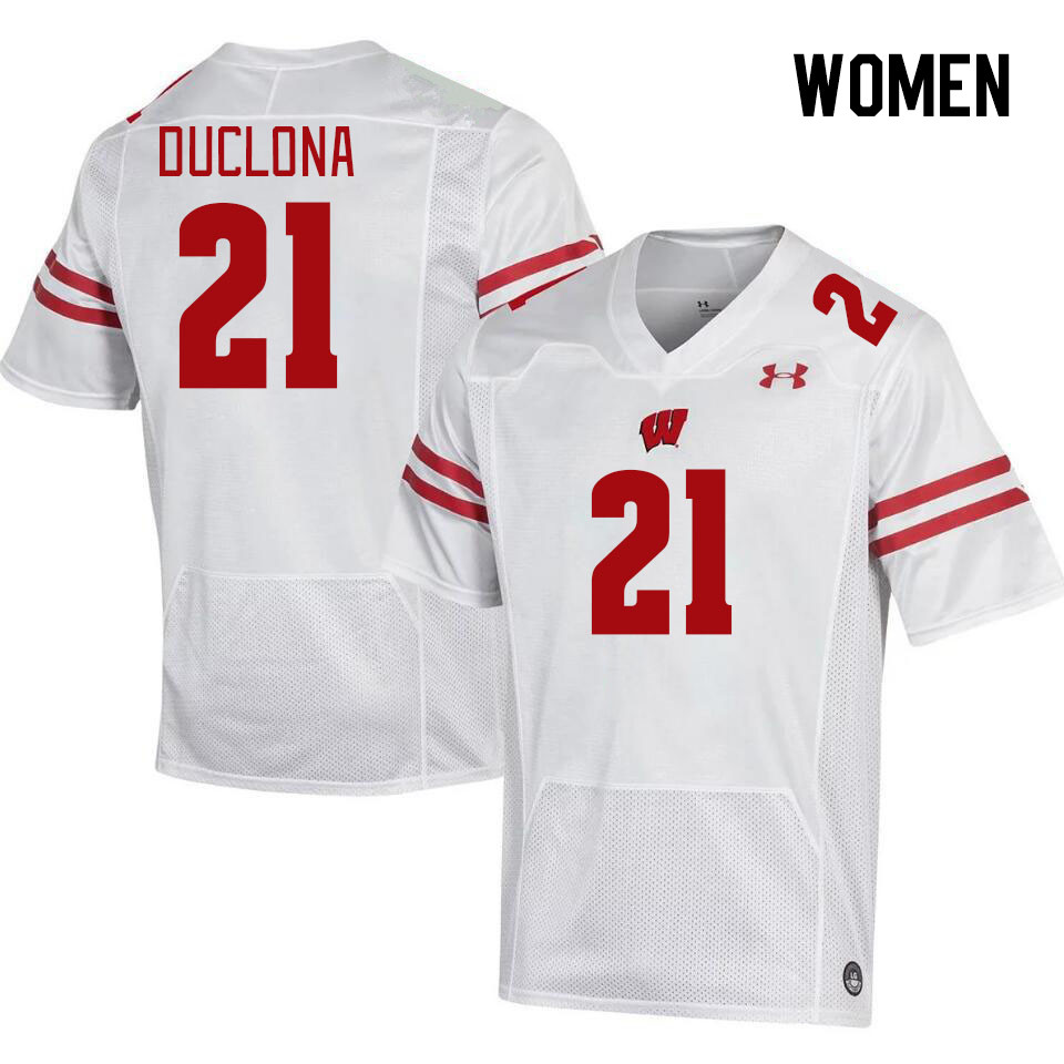 Women #21 Jonas Duclona Winsconsin Badgers College Football Jerseys Stitched Sale-White